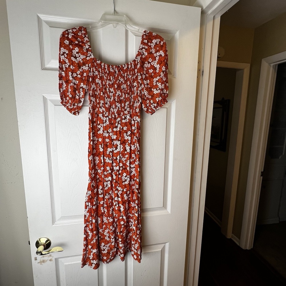 Faithfull The Brand Rust Orange Floral Smocked Midi Dress Puff Sleeve Size S 4